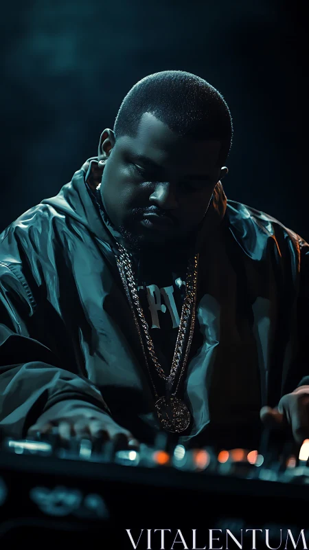 Studio musician at keyboard in low key blue lighting.