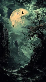 Haunted moonlit ravine under swirling storm clouds at night.