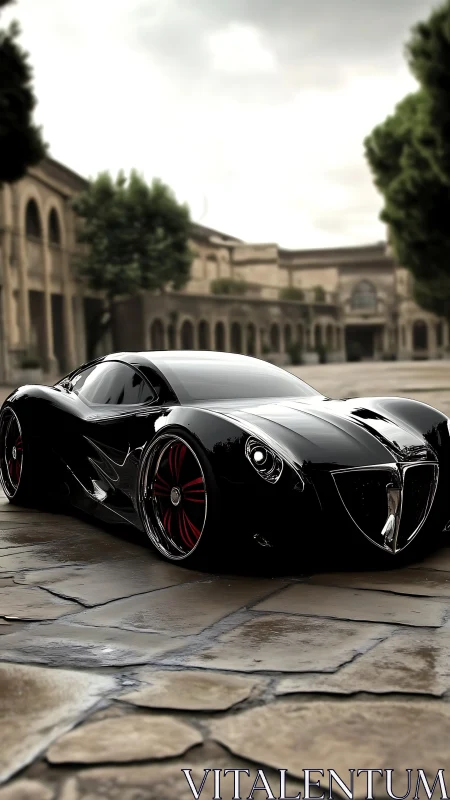 Low-slung black hypercar with retro-futurist bodywork in courtyard