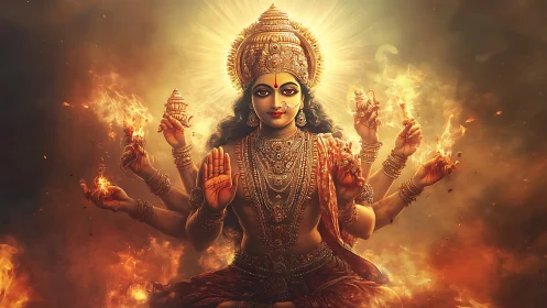 Fiery multi-armed goddess figure in ornate golden regalia.