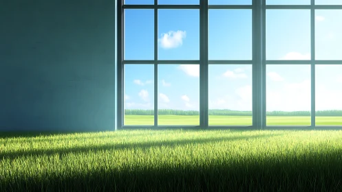 Interior wall edge with panoramic window over lawn field.