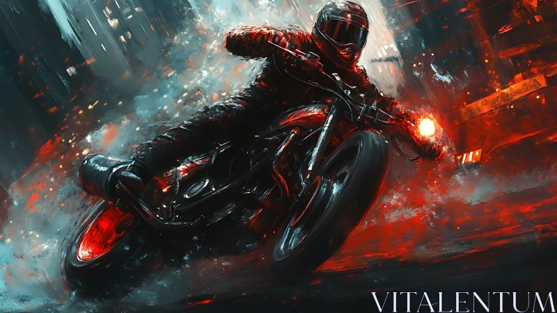 Motorcyclist cornering on wet urban street at night scene.