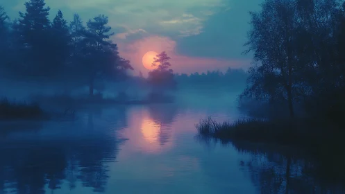 Misty forest lake glows under ethereal pink sunset moon.