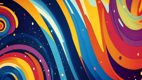 Curved multicolored bands sweep across deep blue background