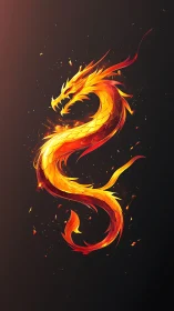 Blazing golden dragon coils through dark embered void.