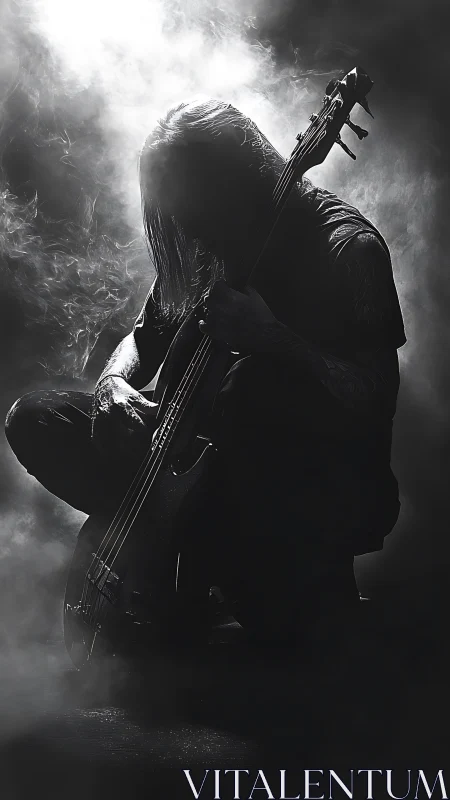 Solitary rock guitarist kneels in smoky stage backlight