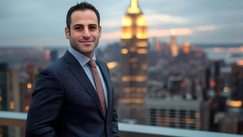 Confident businessman standing on New York rooftop at dusk.