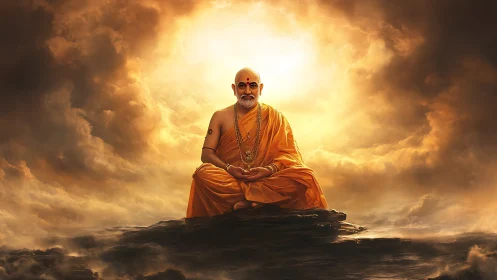 Digital painting of meditative guru in luminous storm clouds.