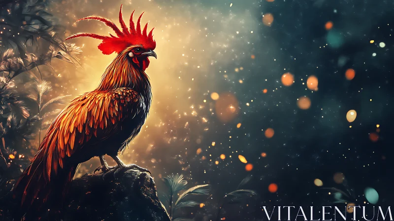 Majestic Rooster in Glowing Forest, Fantasy Digital Art Style.