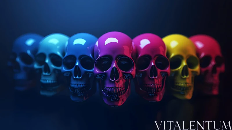 Vibrant Neon Skulls in a Row, Modern Digital Art Concept.