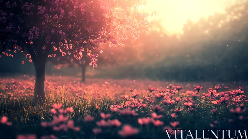 Soft sunrise light gently bathes a dreamy pink flower meadow