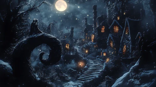 Moonlit lovers perch above a crooked village of glowing snow