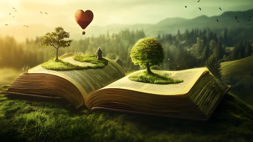 Surreal storybook landscape with floating heart balloon imagery.