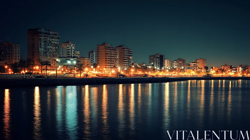 Nocturnal coastal skyline with specular neon water reflections.