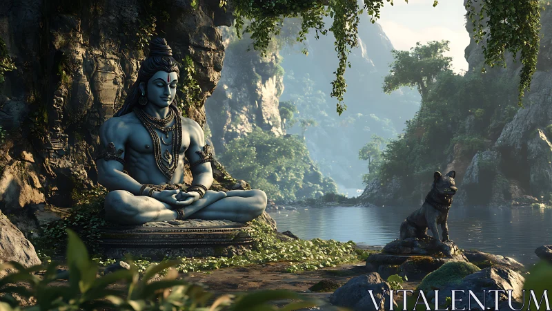 3D Shiva sanctuary composition in lush riverine canyon environment.