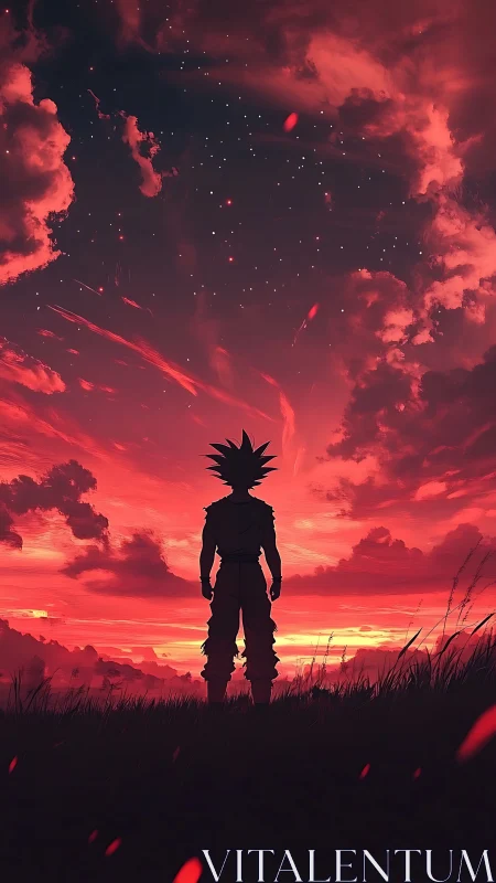 Silhouetted warrior stands under red storm sunset sky.