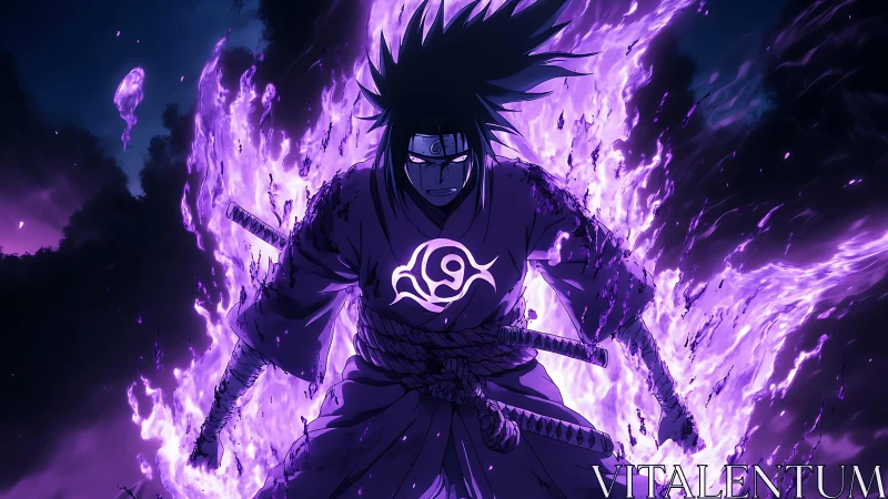 Anime swordsman with purple energy aura in dark setting.