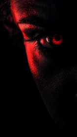 Red-lit eye stares from darkness with intense, ominous focus