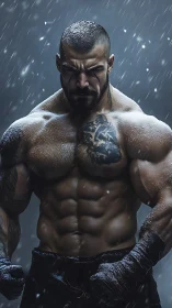 Snow-dusted fighter standing strong in a stormy night scene.