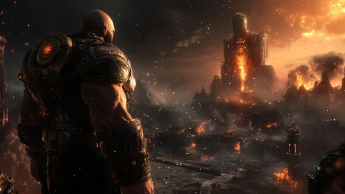 Armored figure observing burning citadel in volcanic dusk.