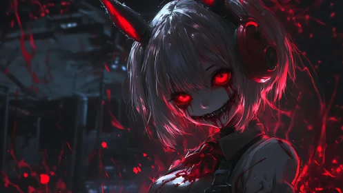 Demonic anime girl radiates blood-red energy in darkness.