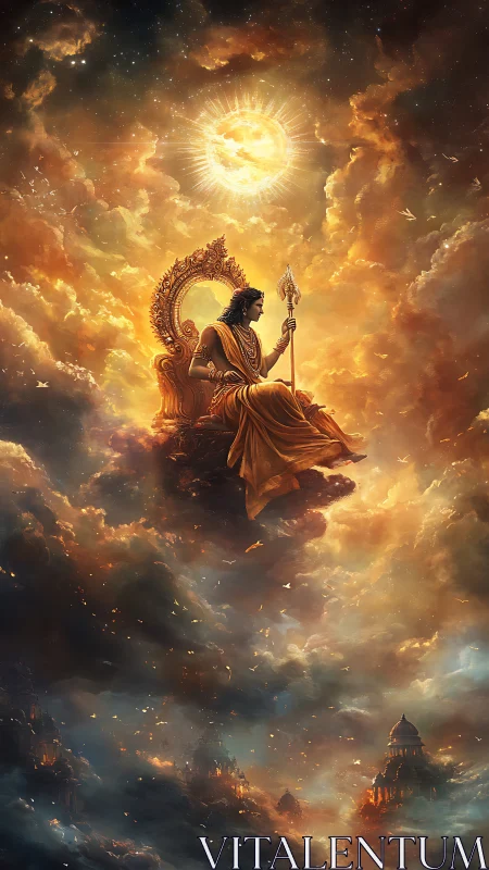 Sunlit sky throne and serene guardian above golden clouds.