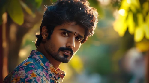 Young man in floral shirt in warm outdoor sunlight.