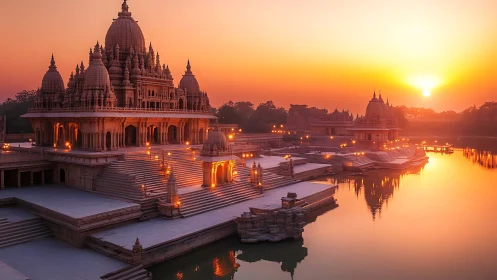 Temple complex at sunrise mirrored in tranquil water.
