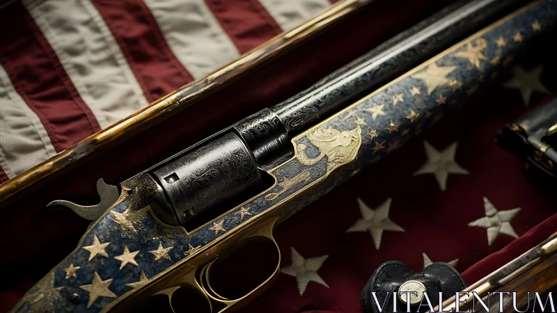Ornate revolver rests on American flag in patriotic display