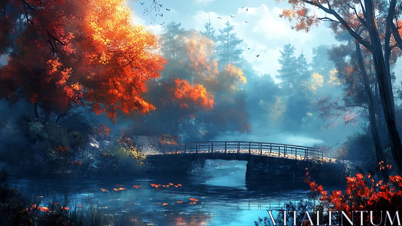 Autumn river bridge under volumetric fog and high color contrast lighting