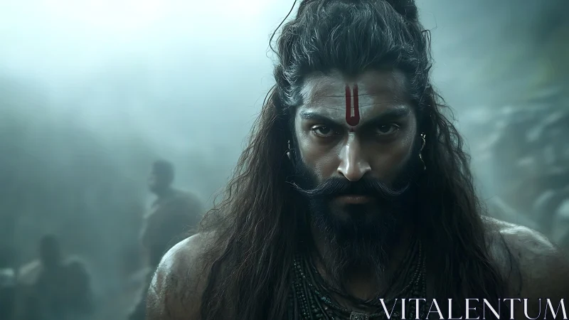 Warrior mystic gazes through mist with quiet, fierce resolve.