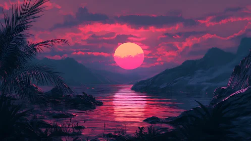 Neon sun melts into tidal glass between dreaming cliffs