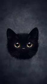 Black cat portrait with golden eyes against textured background.