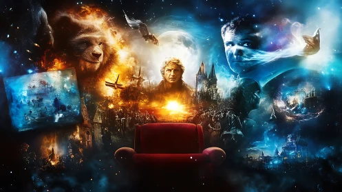 Stories spill from a cozy red chair into swirling night skies