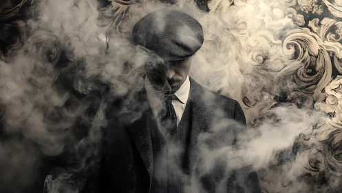 Vintage suited man obscured by swirling dramatic smoke
