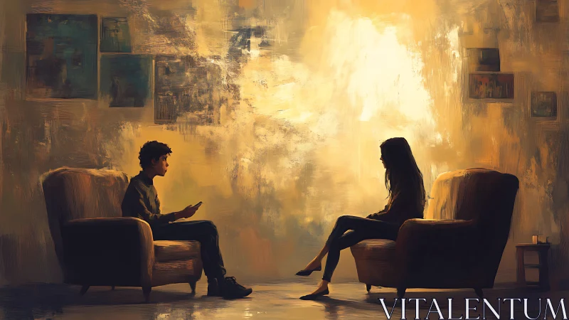 Two people sit facing each other in warmly lit lounge