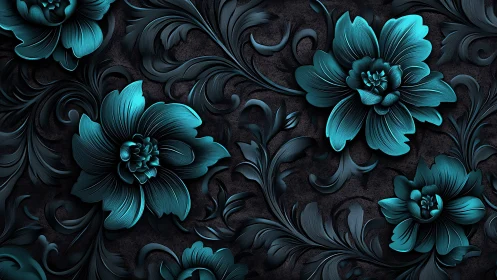 Turquoise Relief Flowers on Dark Ornamental Background.