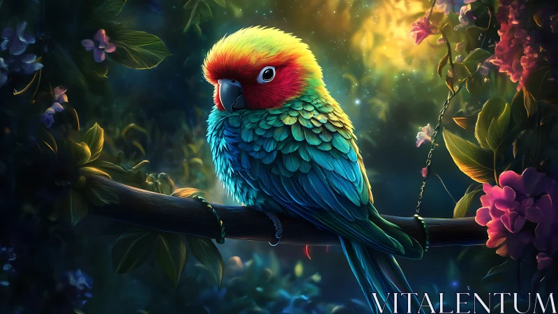 Vibrant Parrot in Enchanted Forest, Digital Fantasy Art Style.