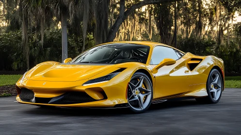 Yellow mid‑engine supercar with sculpted aero body in roadside setting