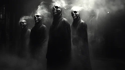 Four hooded skeletal figures stand in dense atmospheric fog