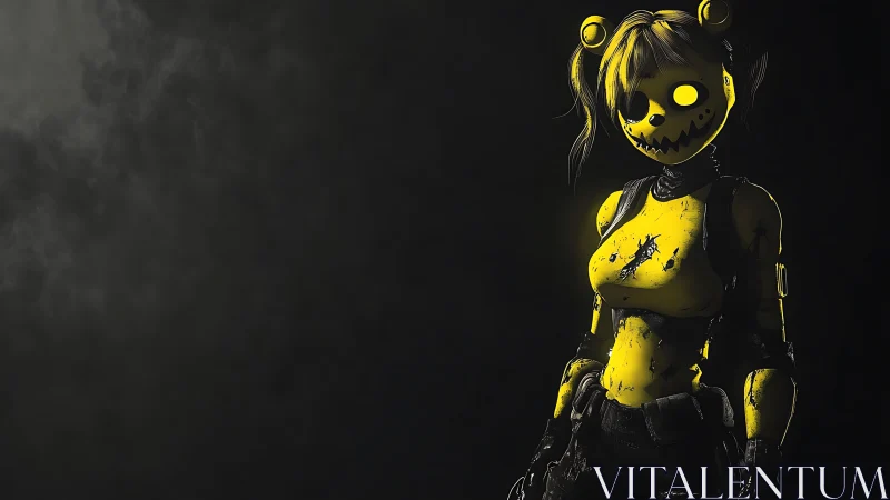 Cybernetic yellow android girl with eerie glowing bear mask.