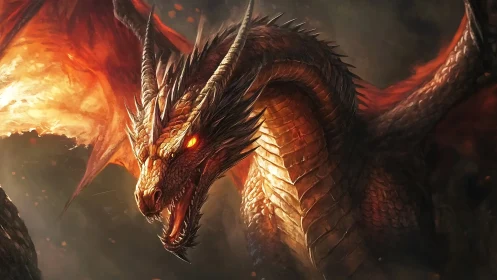 Infernal wyrm ascending through molten twilight skies.