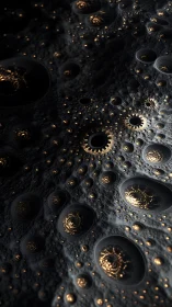 Fractal metallic craters with recursive golden light cores.