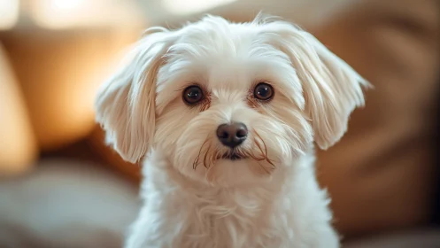 Small white dog portrait in soft indoor lighting environment.