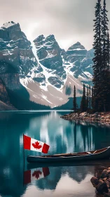 Canadian mountain lake with canoe and reflective still water.