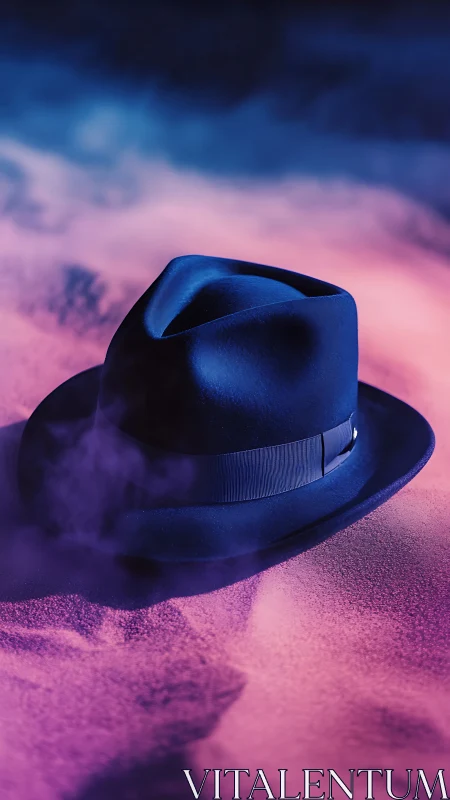Midnight fedora on neon sand with cinematic rim lighting.