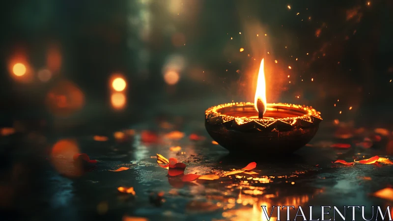 Gentle clay oil lamp glowing warmly amid drifting petals.