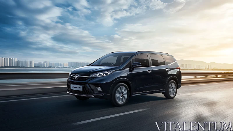 Black minivan travels on elevated highway by coastal city