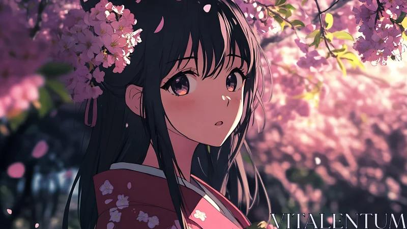 Anime girl in pink kimono under blooming cherry blossoms.