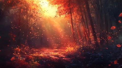 Forest Fire Engulfed in Brilliant Golden Flames and Embers.